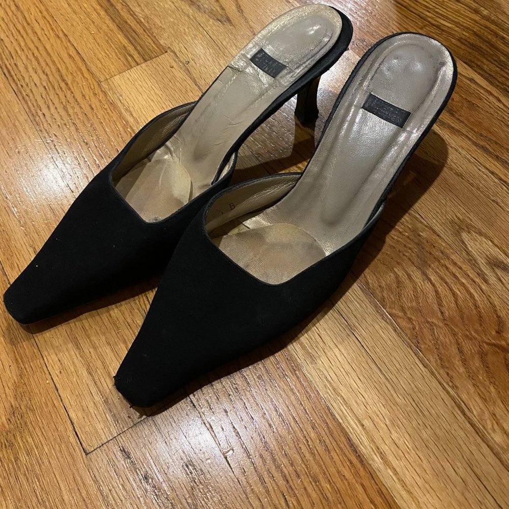 Vintage Stuart Weitzman Black Fabric Mules Kitten Heel